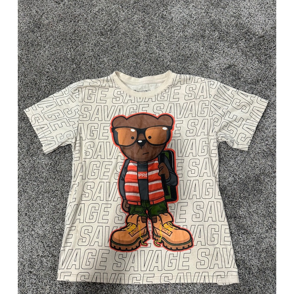 Fresh Laundry Savage Bear Graphic Tee‎ Cream All Over Print Shirt Mens Large L